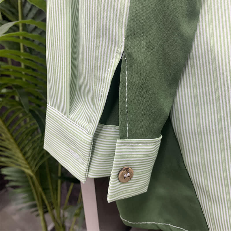 Flower Lapel Casual Shirt Coorblock Stripe Pants