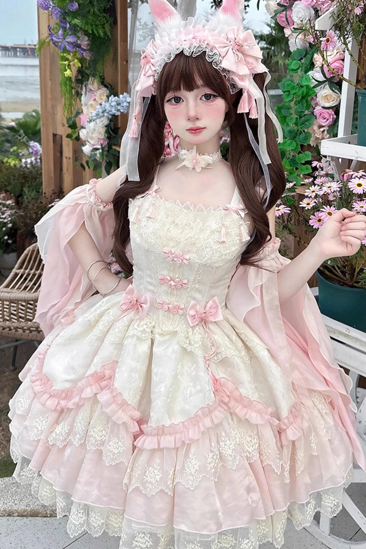 Pink Floral Ruffle Embroidered Bow Chinese Elegant Lolita Jumper - Lyrics in the Midst of Flowers