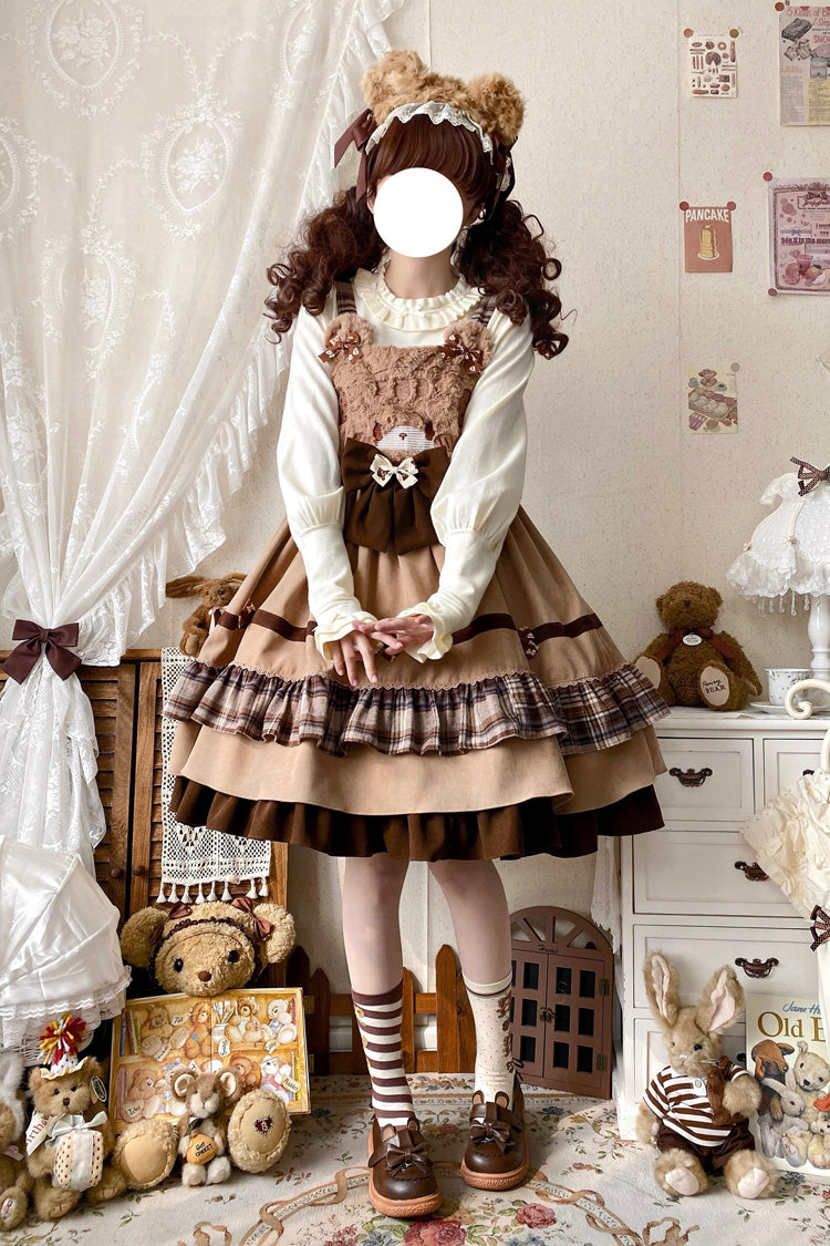 Brown Sweet Lolita Triple-Layered Ruffle Bowknot Strap Dress