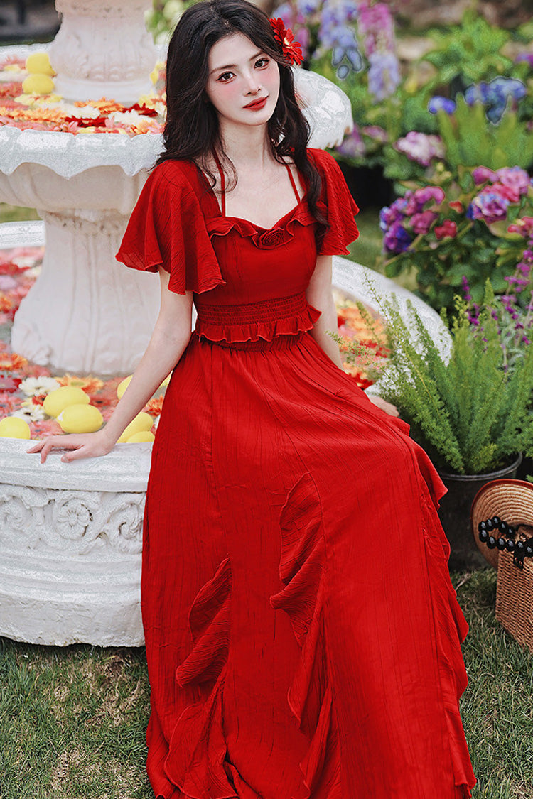 Red Square Collar Halter Short Sleeves High Waist Ruffle Gothic Vintage Lolita Long Skirt Set