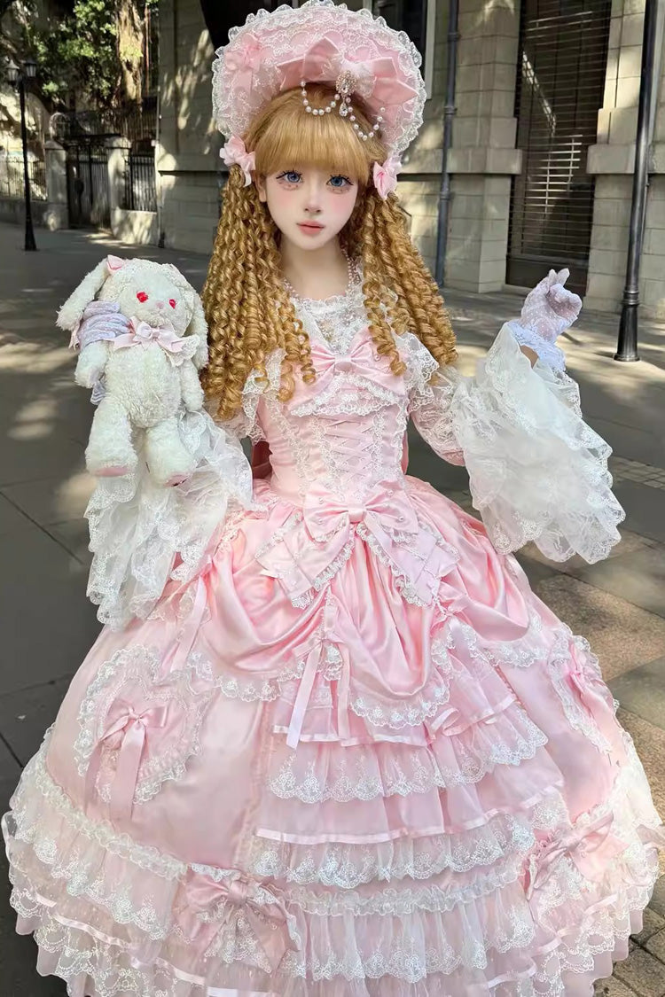 Rose Curtain Ode Tiered Ruffle Bride Open Front Bow Lace Corset Sweet Long JSK Dress