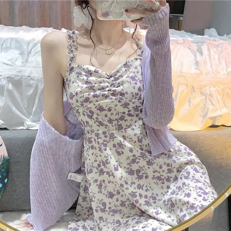 Print Cardigan Sweet Floral Slip Dress Set