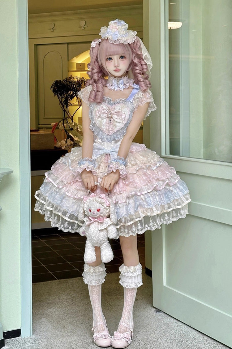Rainbow Feathers Ballad Sleeveless Multi-Layered Ruffle Hanayome Bow Sweet Lolita Jsk Dress
