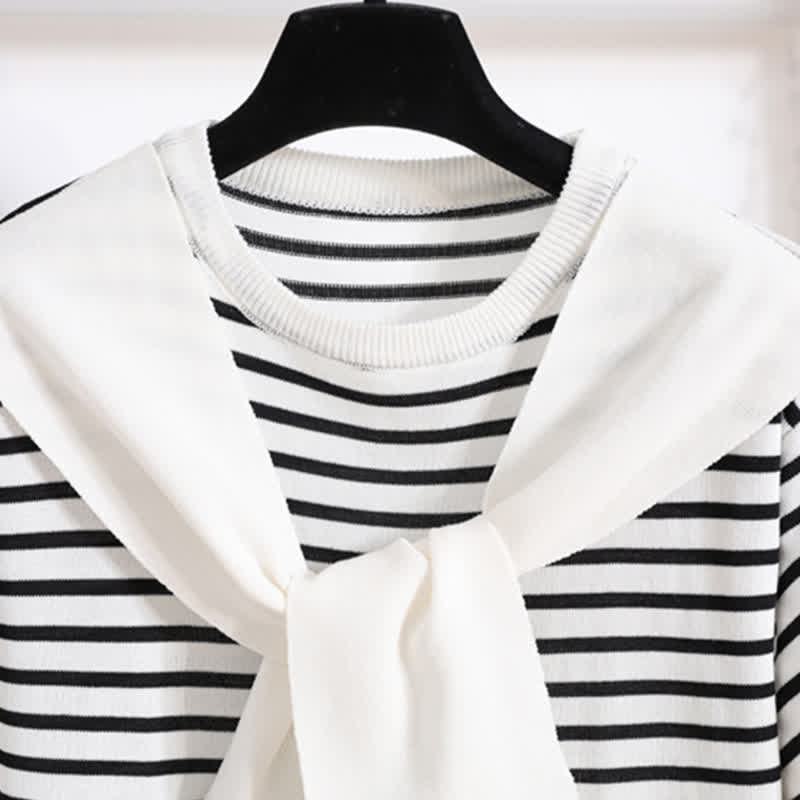 Denim Round Skirt T-Shirt Stripe Collar Chic