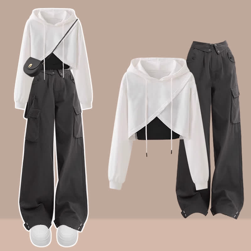 Cross Hoodie Top Crop Chic Pockets Cargo Tank Pants