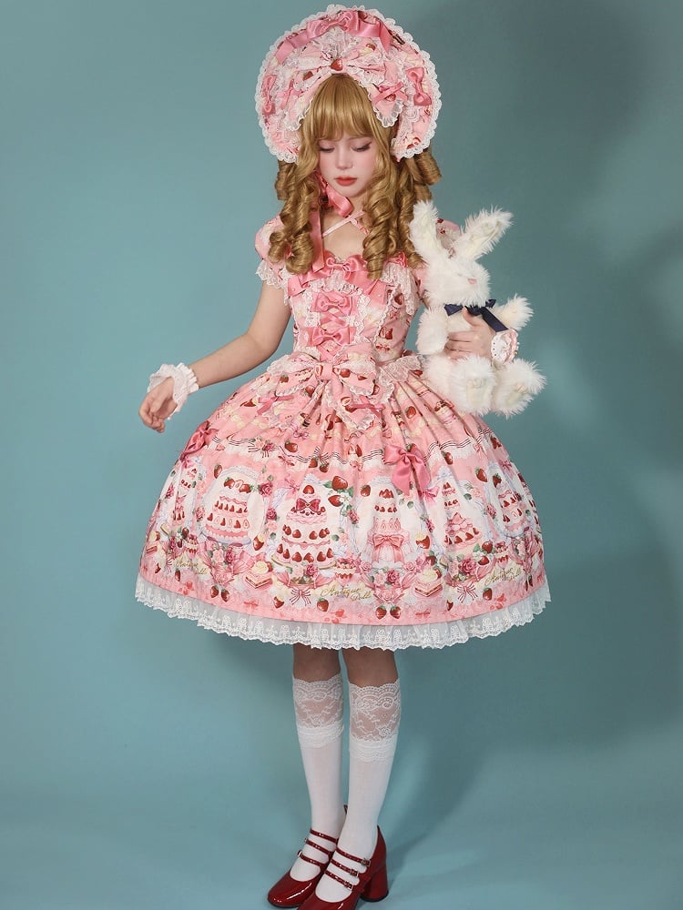 Strawberry Cake Print Pink Bow Accents Sweet Lolita Dress / Full Set