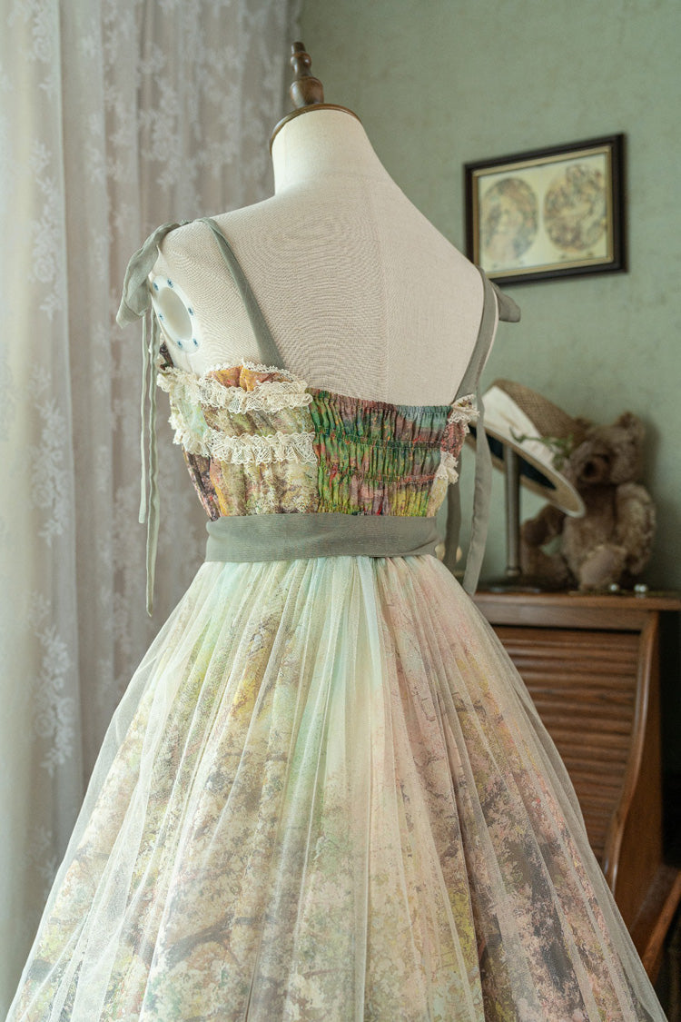 Emerald Oil Painting Spring Sleeveless Print Ruffle Bowknot Lace Sweet Lolita JSK