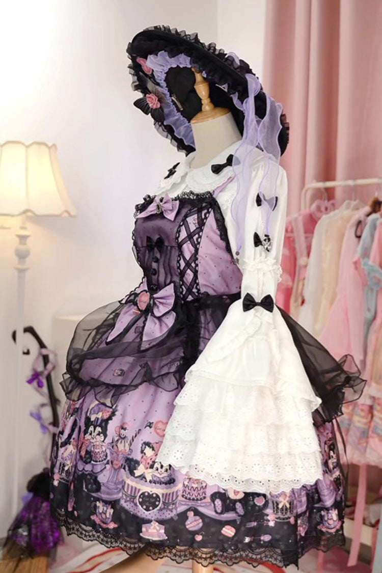 Purple Printed Gothic Lolita JSK Dress with Bowknot Lace and Ruffle