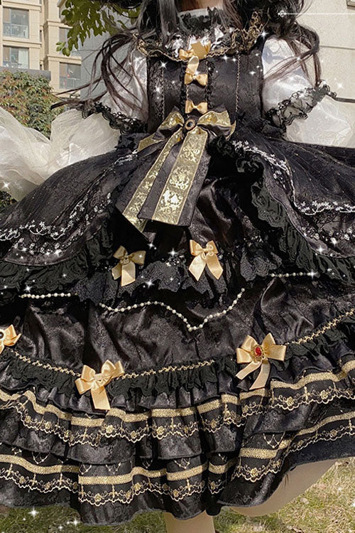 Black Hanayome Sweet Lolita JSK with Bow and Multi-Layer Ruffles