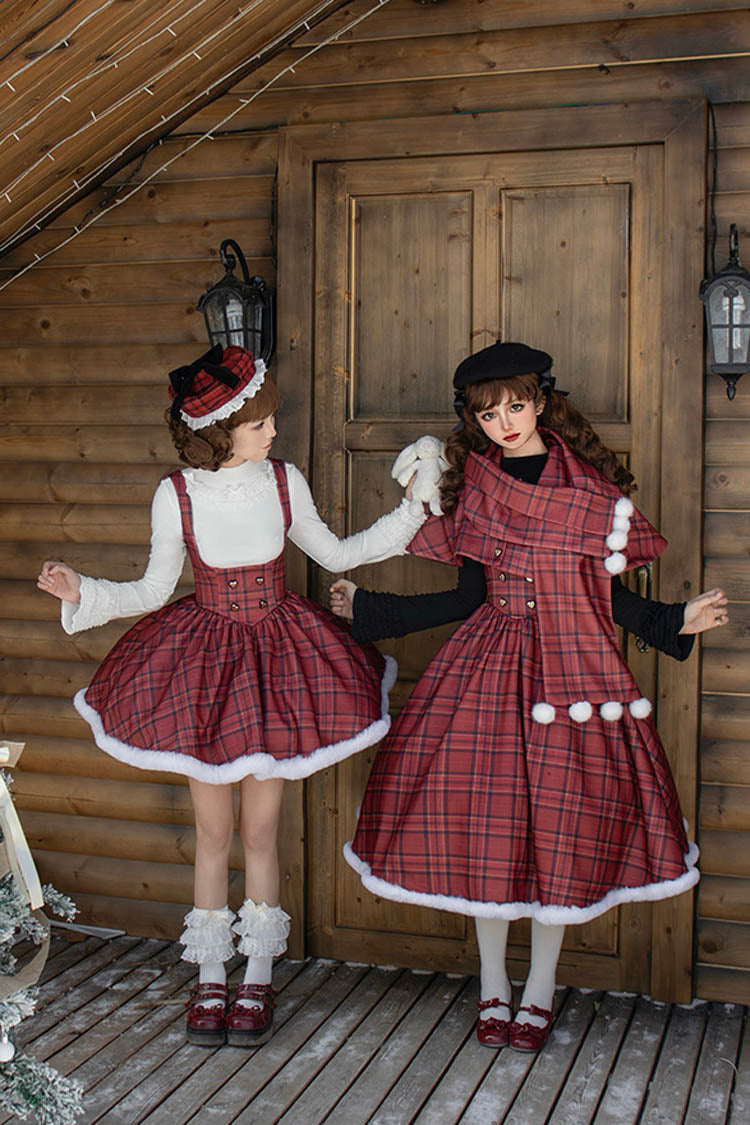 Crimson Striped Tartan Print Autumn Winter Fishbone Sweet Corset Lolita Dress