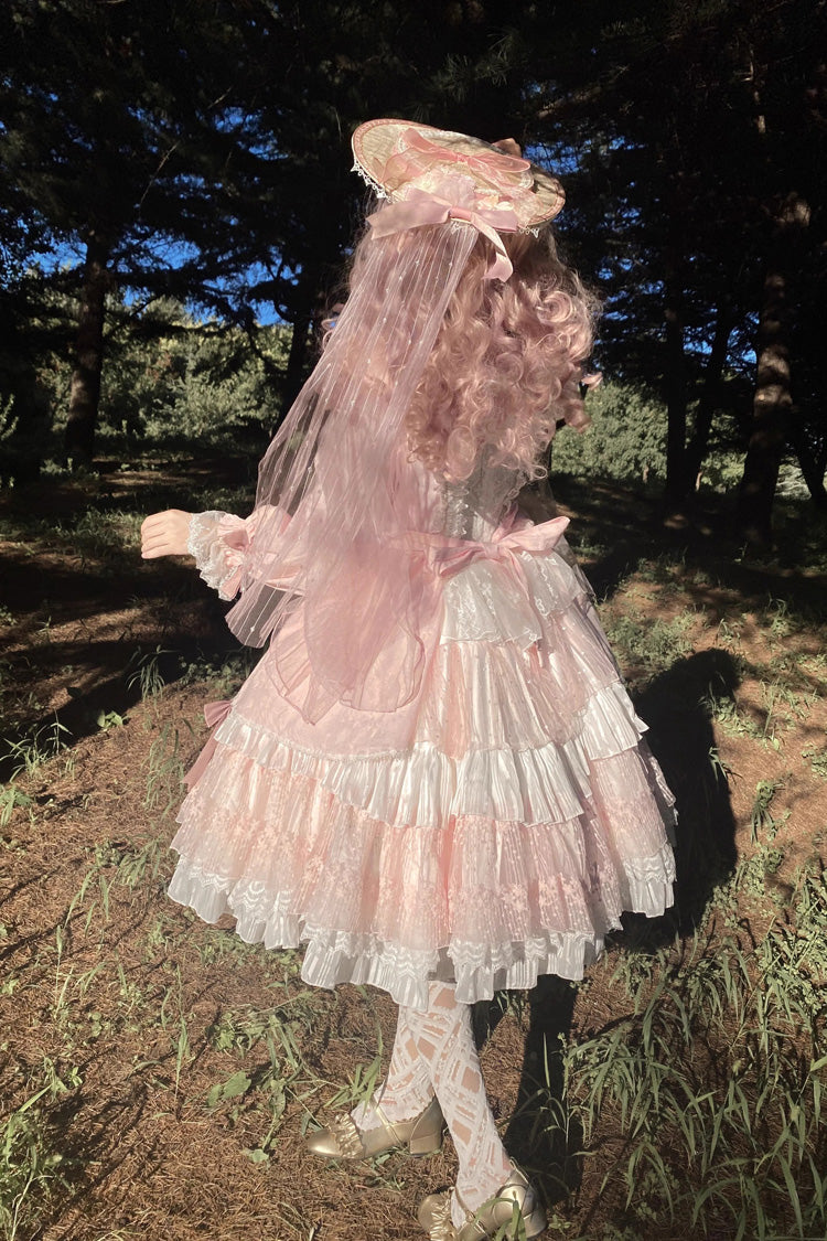 Pink OP Tiered Dress Sweet Lolita Long Sleeves Bowknot Ruffled - Altfashion Shop