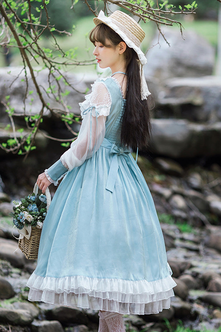 Blue Hanayome Sweet Lolita OP Dress with Lace and Ruffled Sleeves