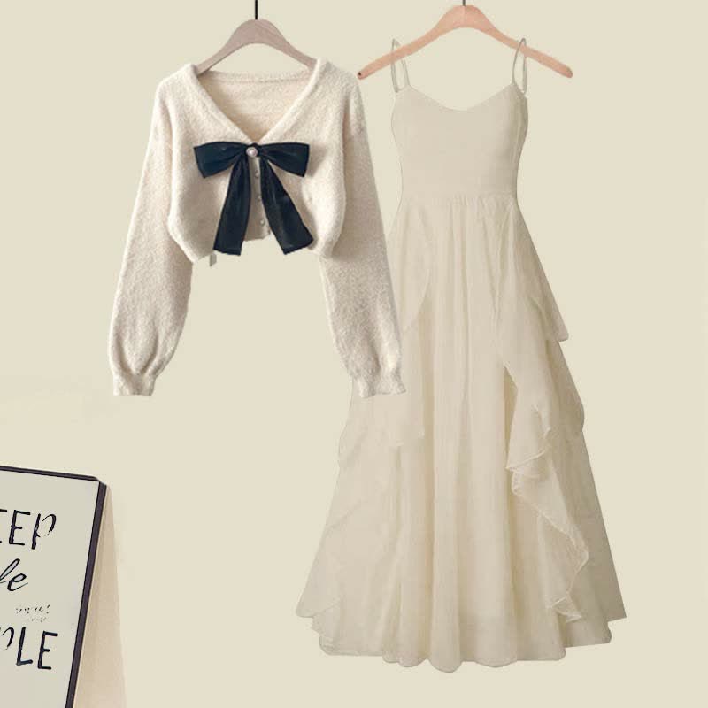 Slip Sweater Cardigan Knot Flouncing Bow Dress