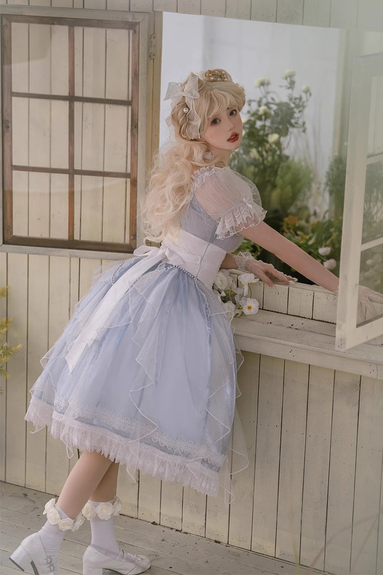 Blue Round-Collar Mermaid Tears Short-Sleeved Bow-Trim Sweet Princess Lolita Dress