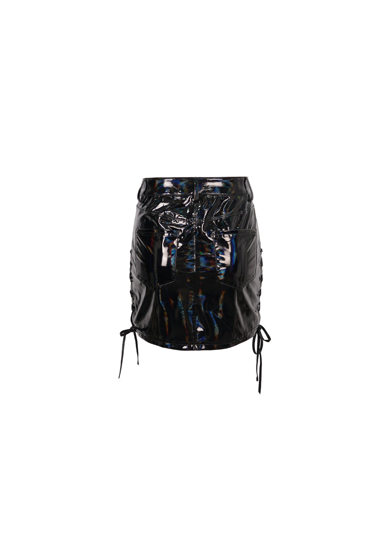 Gothic Women's Adjustable Side-Slit Mirrored Iridescent Black Skirt