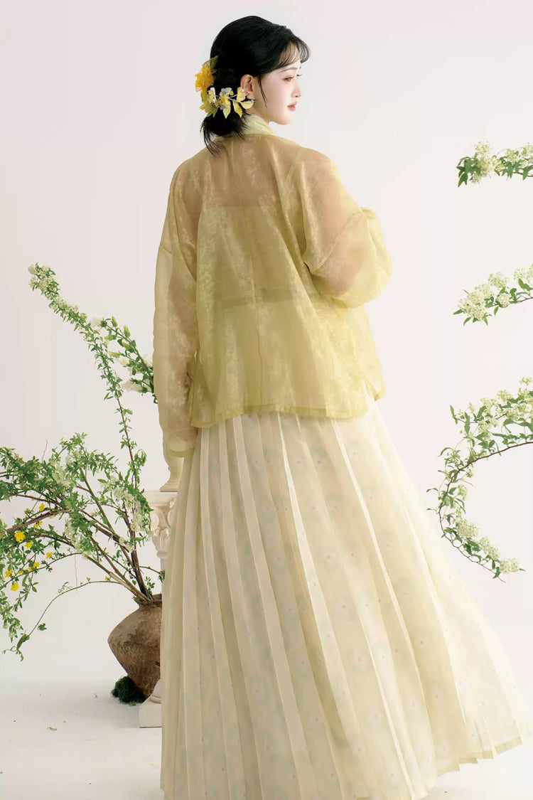 Emerald & Apricot High-Waist Printed Hanfu Ensemble - Grape Butterfly
