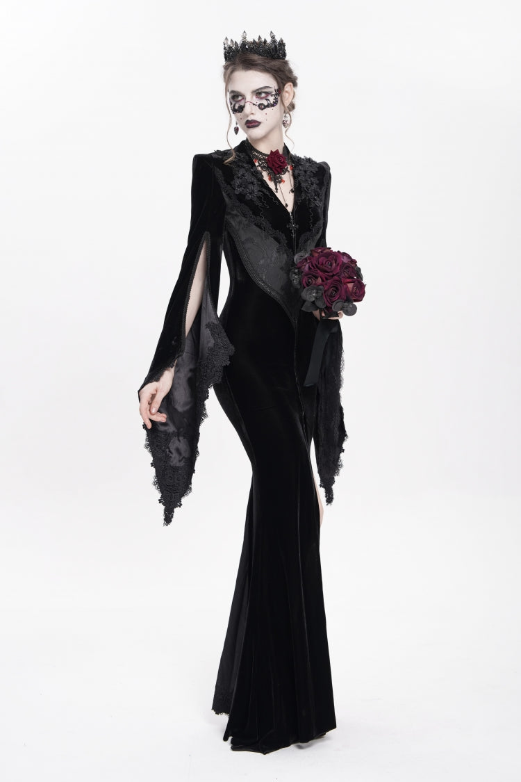 V Collar Trumpet Sleeve Floral Embroidered Velvet Gothic Dress