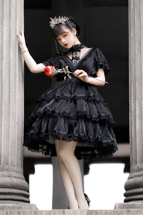 Dark Black High-Waisted Gothic Lolita Tiered Dress with Ruffled Hem