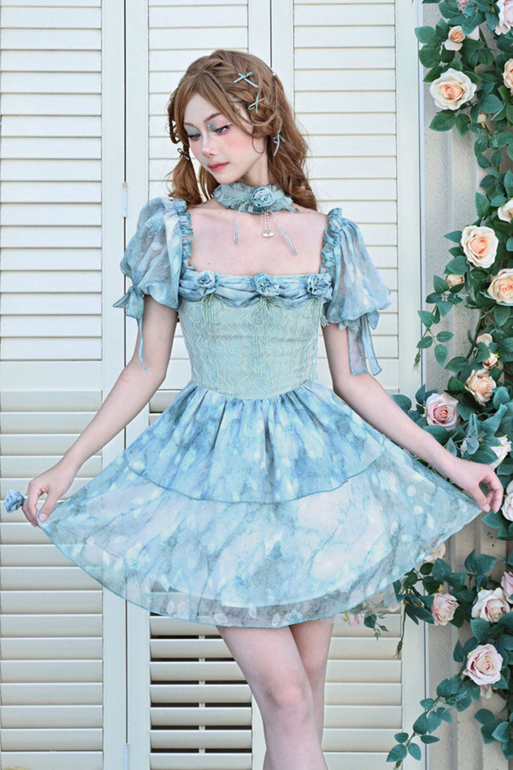 Blue Square Collar Short Puff Sleeve Multi-Layer Print Ruffle Bow Tie-Dye Sweet Princess Lolita Dress