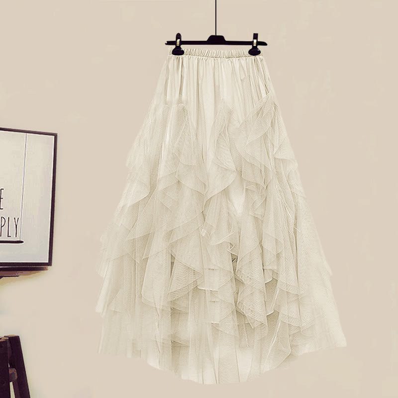 Shirt Fake Colorblock Skirt Tulle Set Tiered