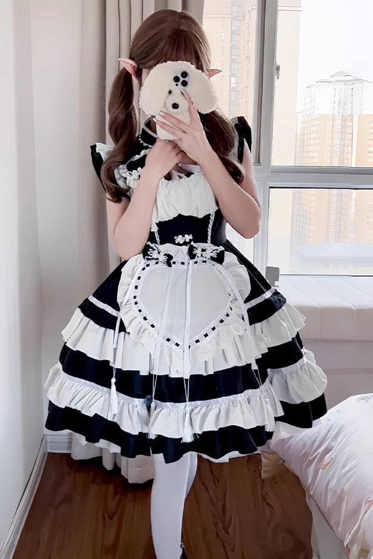 Black and Ivory Love Double Layer Ruffle Bow Sweet Plus Size Chinese Lolita Ensemble