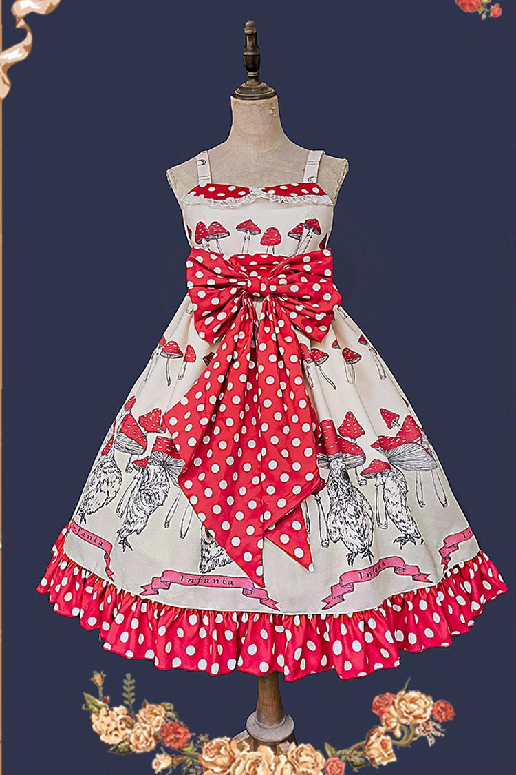 Mushroom-Print Bow-Adorned Ruffled Sweet Lolita Dress in Two Colors