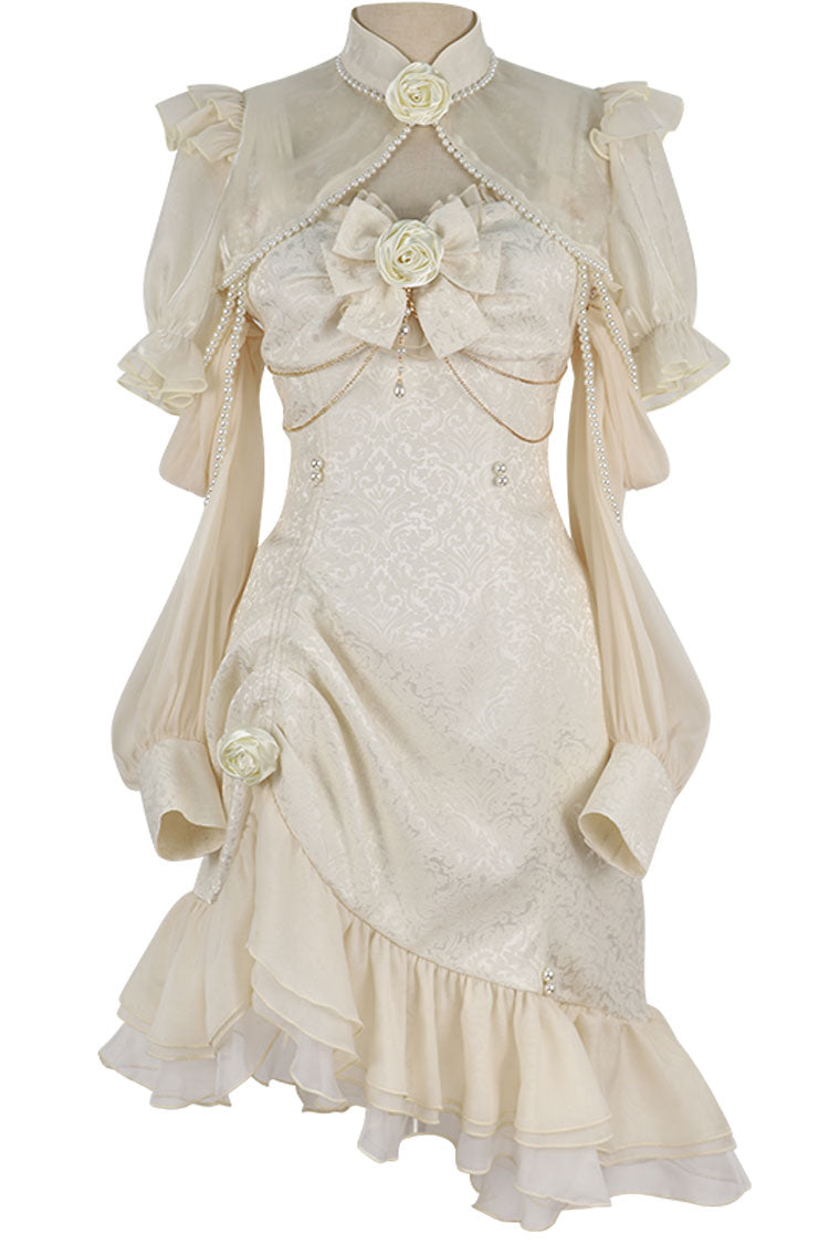 Camellia Rose Asymmetric Ruffled Gothic Chinese Elegant Lolita JSK Dress in Three Colors