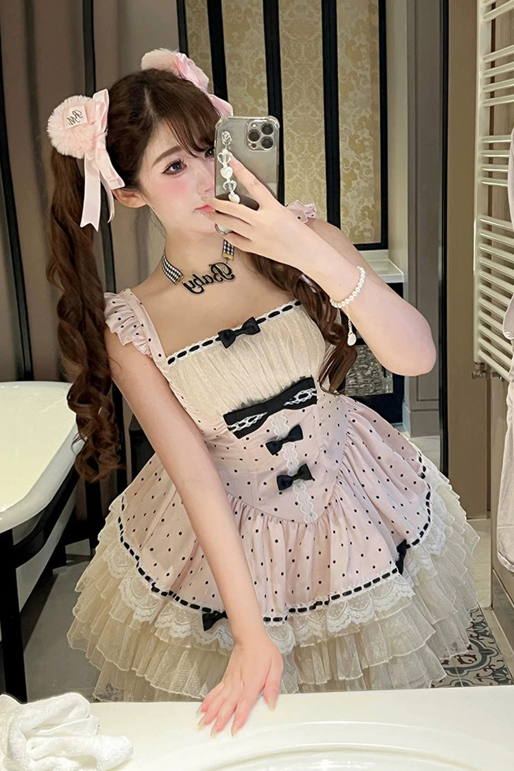 Rose Dot Waltz Square Neck Flutter Sleeve Triple Layer Printed Ruffle Bow JSK Dress