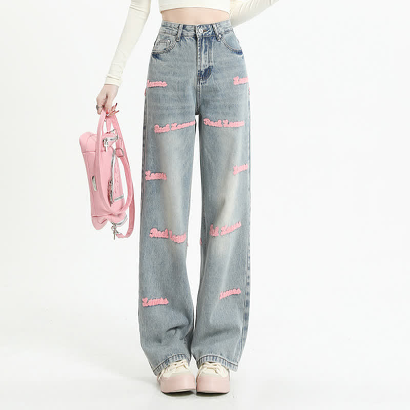 Pink Halter Shirt Denim Pants Laple Top Loose Embroidery Letter