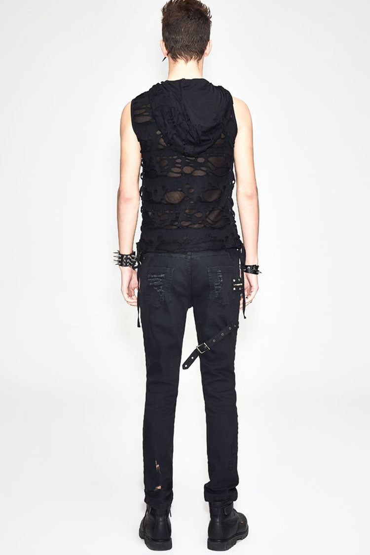 Edgy No-Sleeve Punk Tee with Distressed Ribbon Lacing