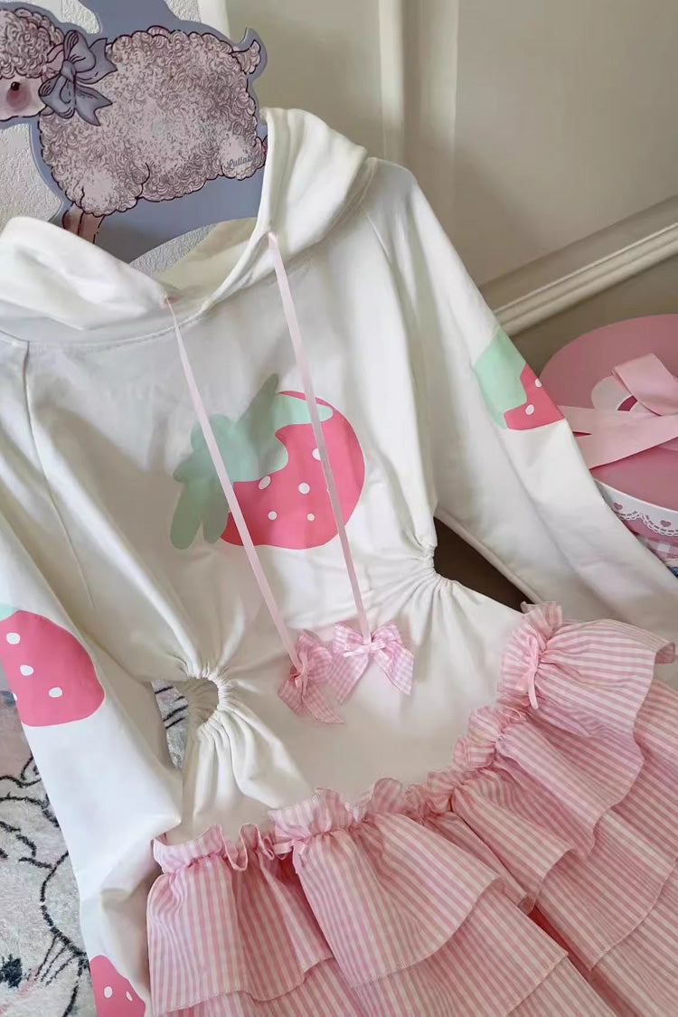 White/Pink Sweet Lolita Long-Sleeved Strawberry Print Hooded Dress