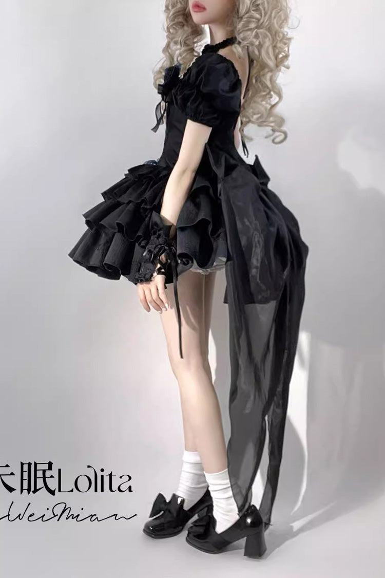 Halterneck Gothic Dress with Multi-Layered Ruffled Bow and Fishbone Lace-Up