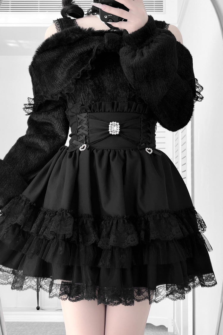 Triple-Layer Printed Ruffled Bow Lace Skirt Three Colors