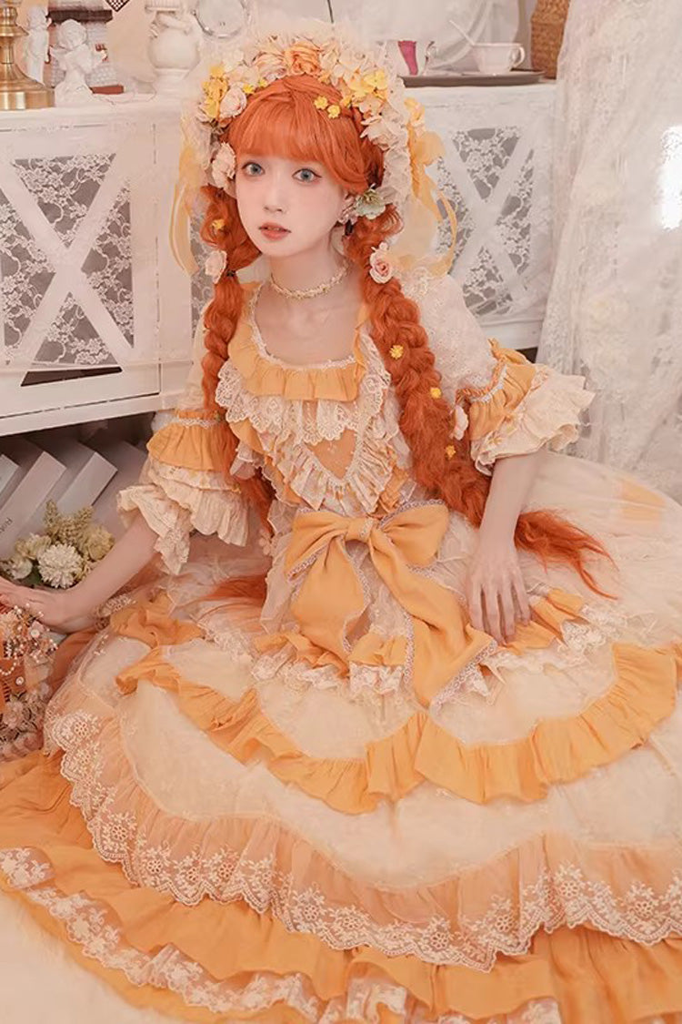 Apricot Yellow Floral Garden Cottage Square Collar Short Sleeve Layered Ruffle Lace Sweet Plus Lolita JSK