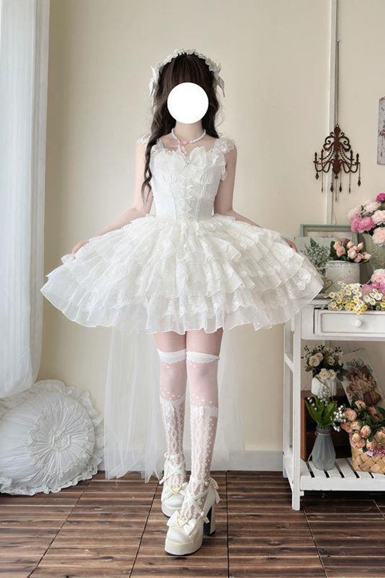 White Broken Wings Rebirth Sleeveless Multi-Layered Ruffle Bow Lace-Up Gothic Ballet Lolita Jsk Dress