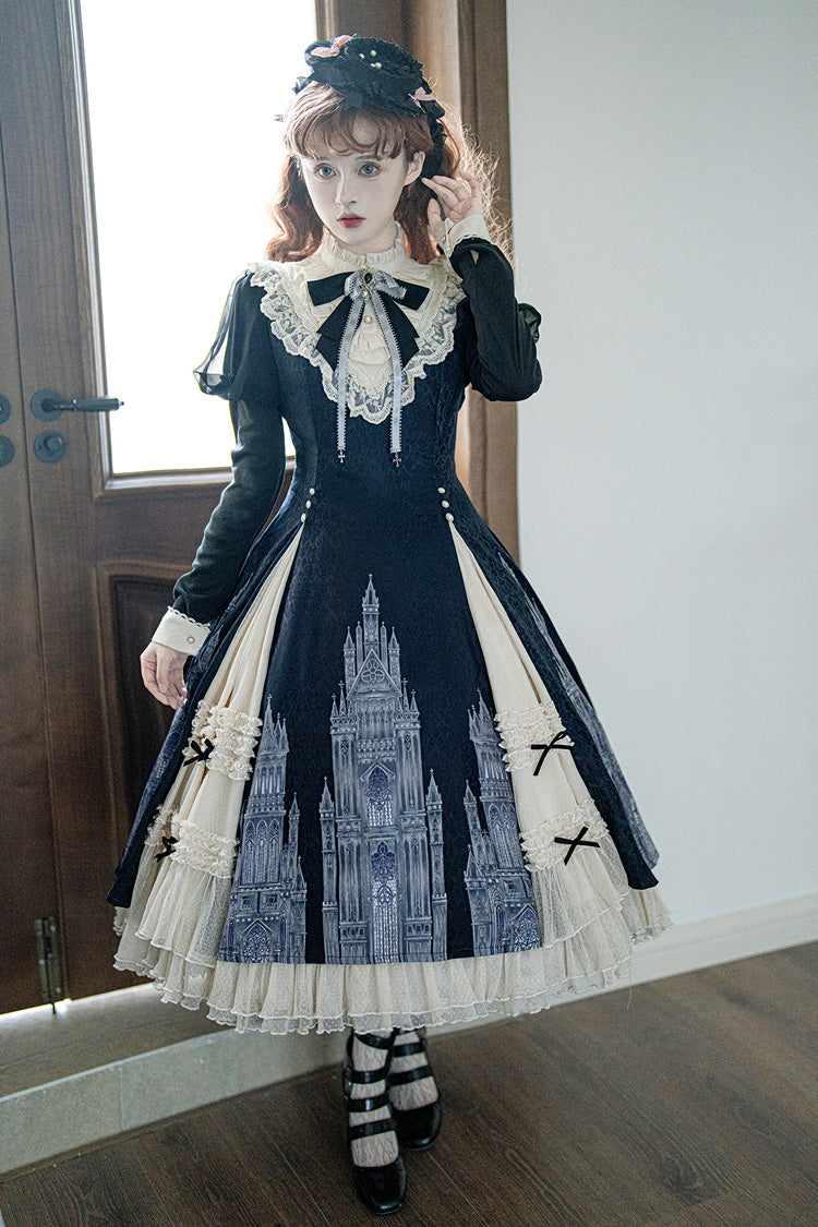 Black White Bell Print Ruffle Bow Lolita Dress