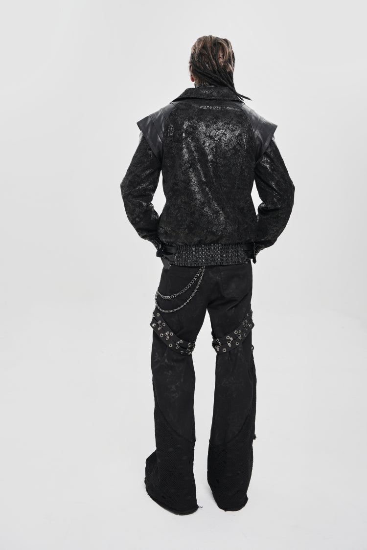 Men's Punk Coat with Buckle Zipper Straps and Stitched Black Faux Leather