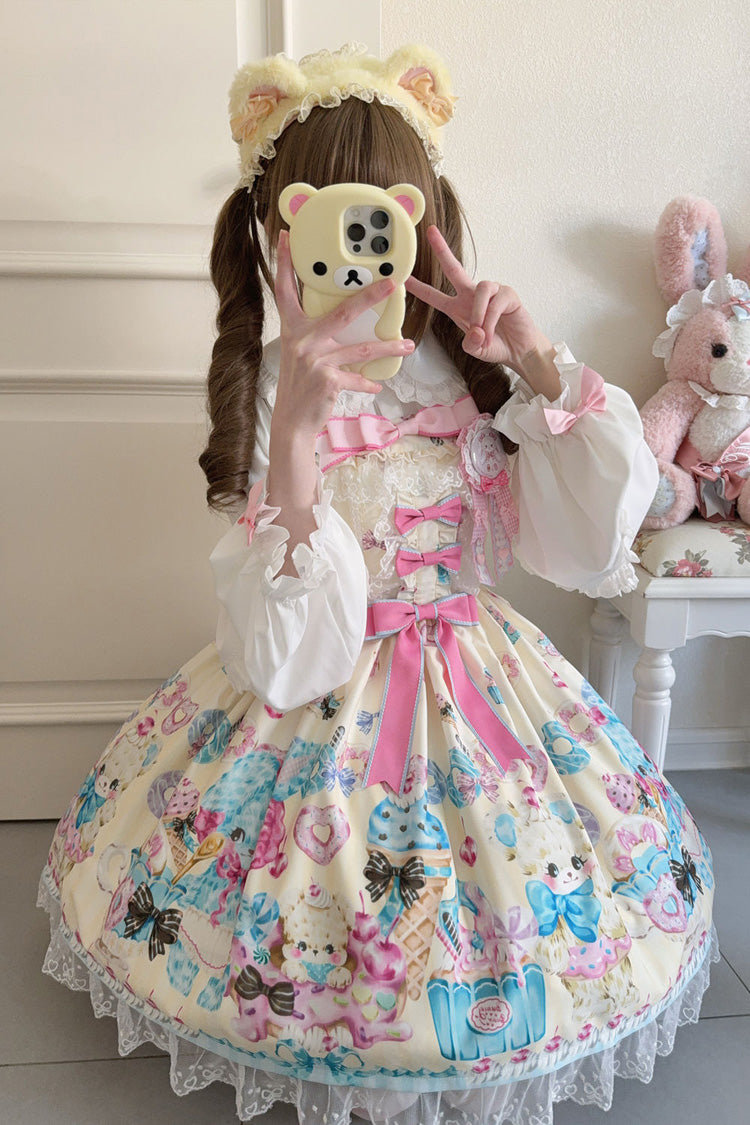 Sunny Bear Print Ruffled Bow Lace Princess JSK Outfit