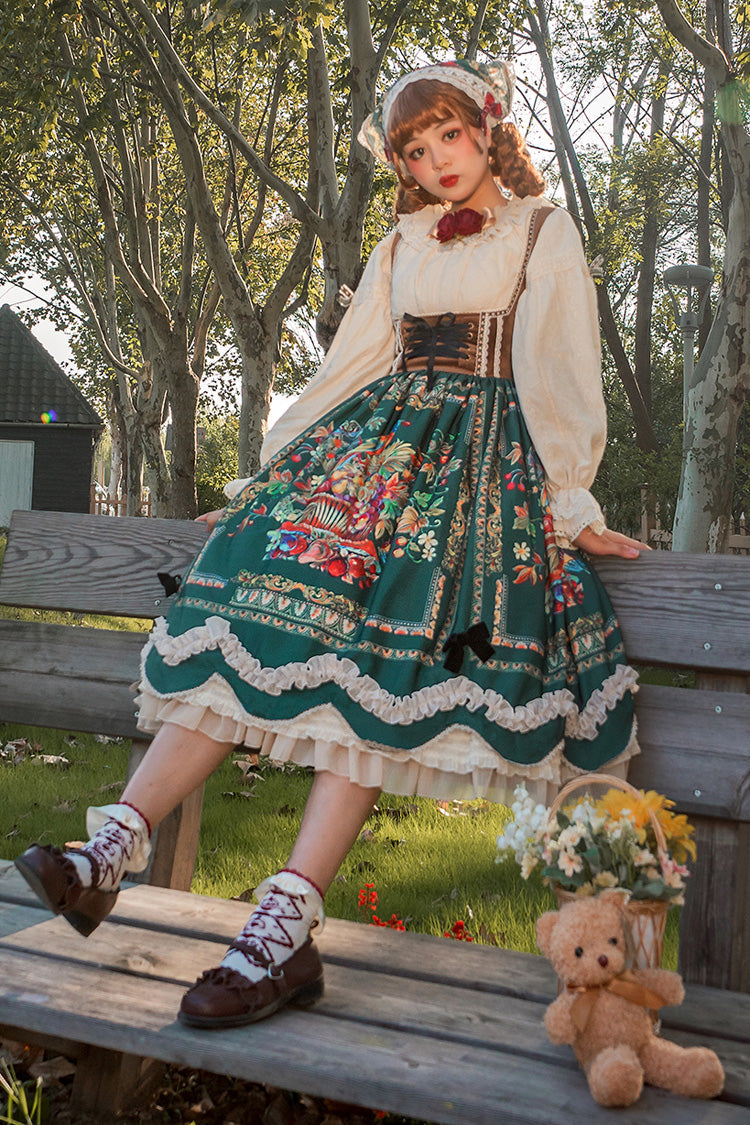 Emerald Ode to Plenty Berries Birds Print Ruffle Velvet Classic Lolita Breast Support JSK
