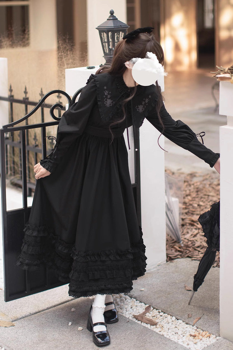 Long-Sleeved Gothic Vintage Elegant Dress with Ruffled Embroidery - Wind Kissed Tulips