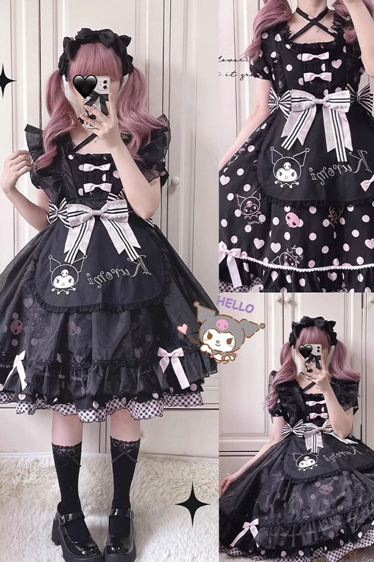 Black Short Sleeves Kulomi Print Ruffle Bow Sweet Lolita Dress