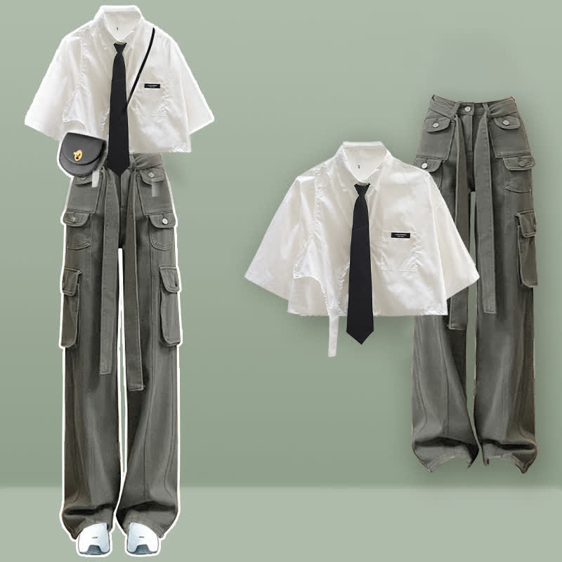 Crop Top Print Letter Pocketed Casual Drawstring Cargo T-Shirt