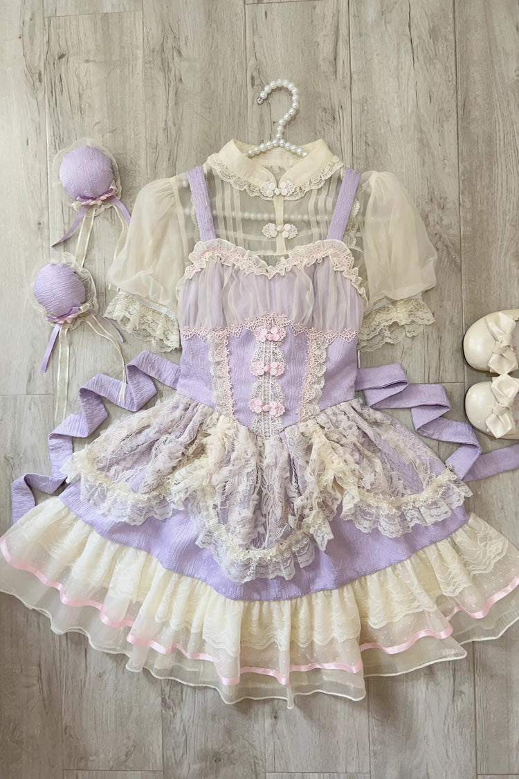 Flower Bud Halterneck Print Ruffle Lace Jsk - Chinese Ballet Lolita