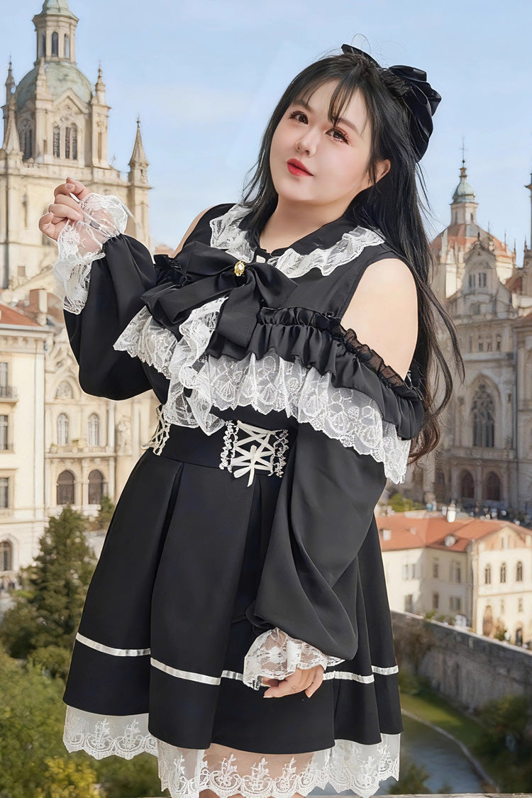 Black Off-Shoulder Ruffle Bow Lace Plus Size Blouse & Skirt Set