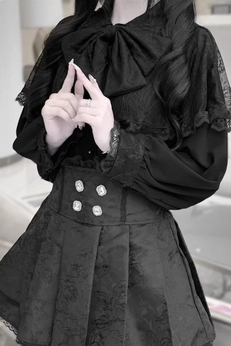 Long Sleeves Double-Layered Ruffled Embroidered Bow Lace-Up Gothic Jirai Kei Lolita Top Skirt Set
