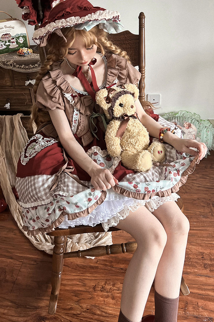 Cherry Pattern Short-Sleeved Ruffled Embroidered Layered Dress