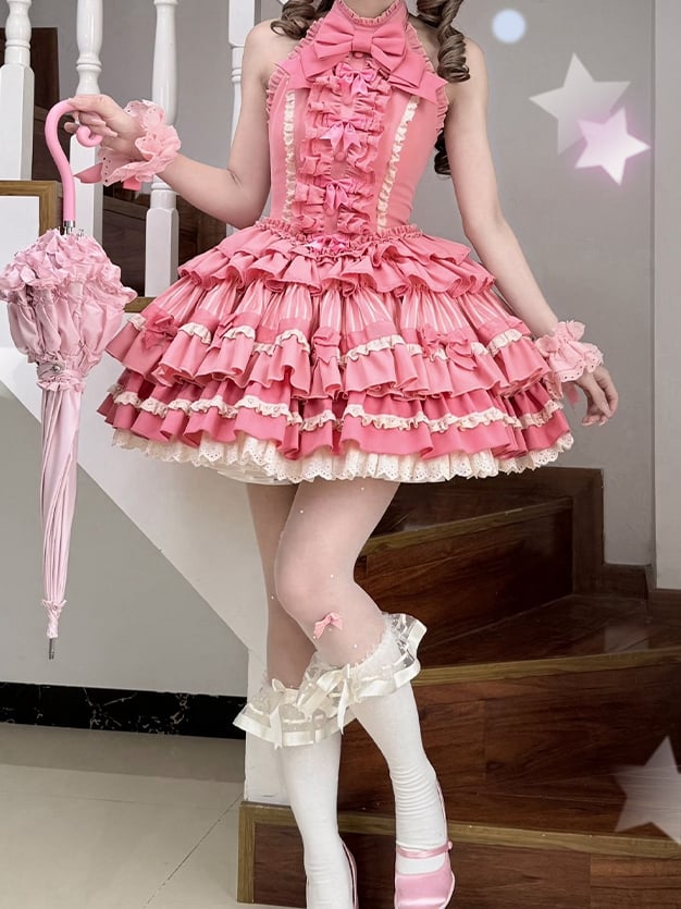 Rose Pink Sweet Bow Accents Tiered Ruffle Skirt Idol Lolita Halter Neck Dress