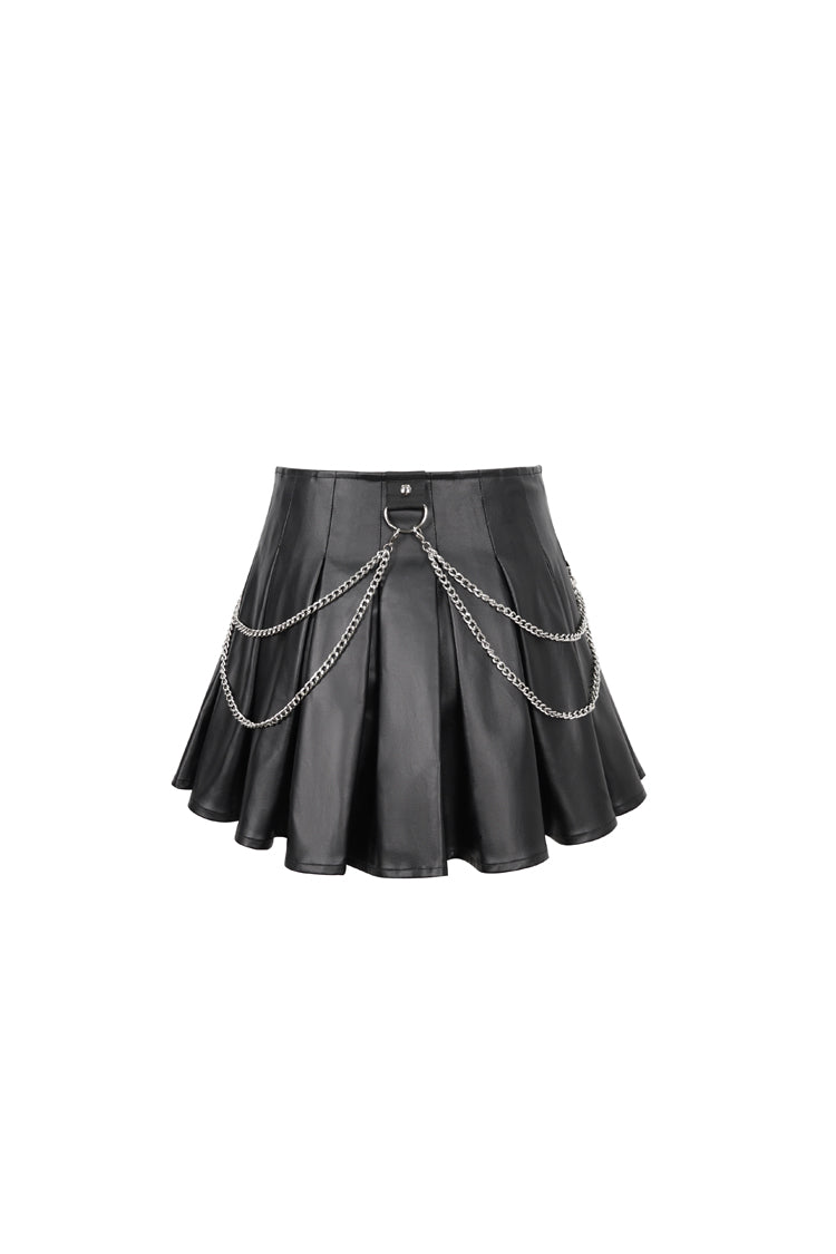 Gothic Women's Pleated Skirt with Faux Leather Web Eyelet Adjustable String and Chain