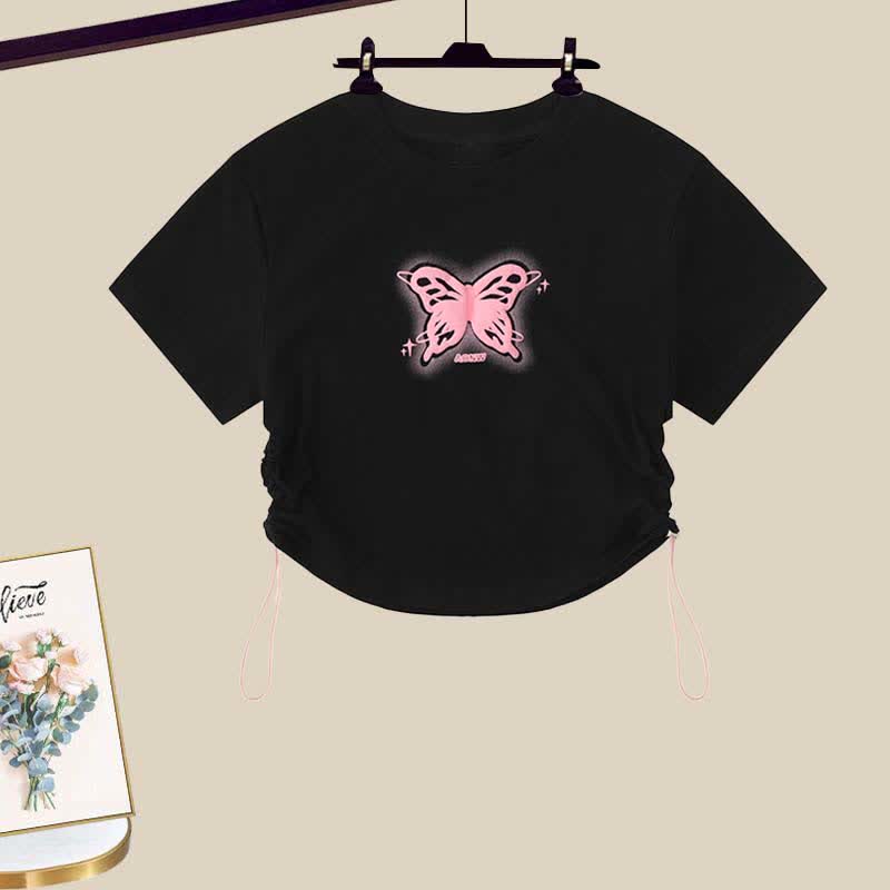 Cargo String Print Butterfly Draw Pants Pocketed T-Shirt