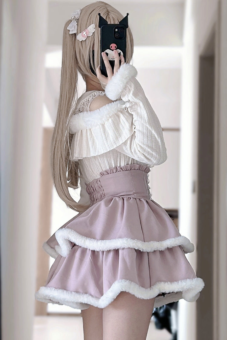 Pink Double-Layer Ruffle Lace Japanese Skirt